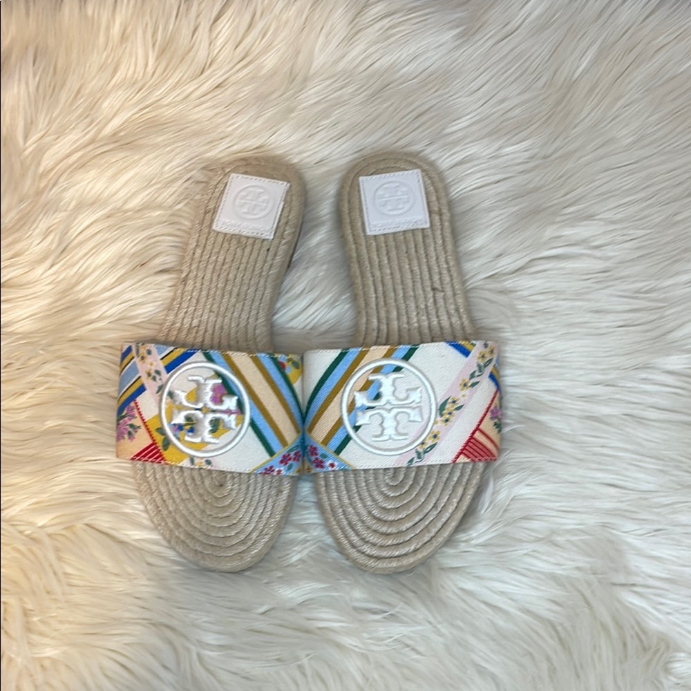 Tory Burch Beige and Multicolor Slide Sandals